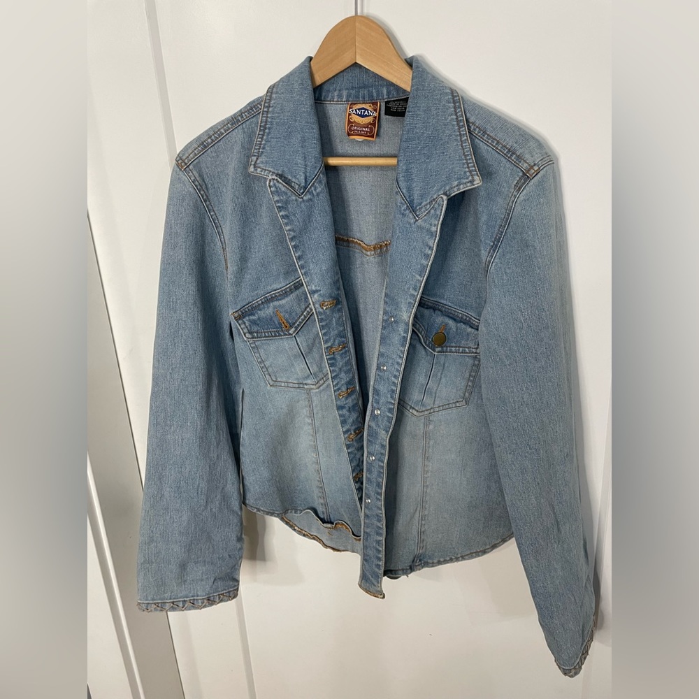 Vintage Santana Light Wash Denim Jean Jacket Boho Stitching 70s Collared size 10